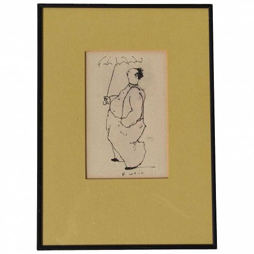 Robert Weil listed American artist original ink drawing of a man with umbrella rainy day