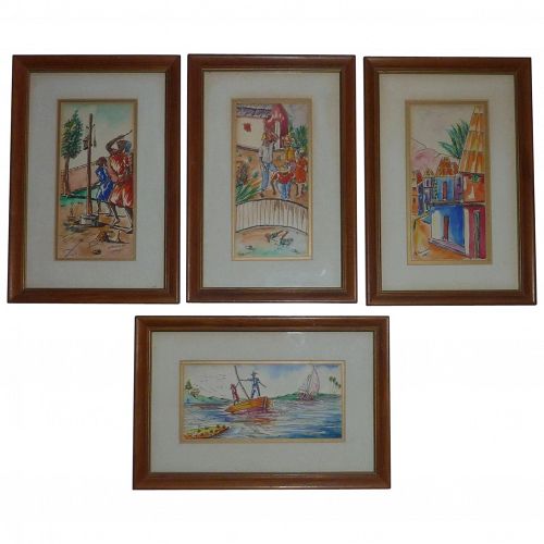 Set FOUR Haitian art David Rousier listed artist naive ink and watercolor paintings signed