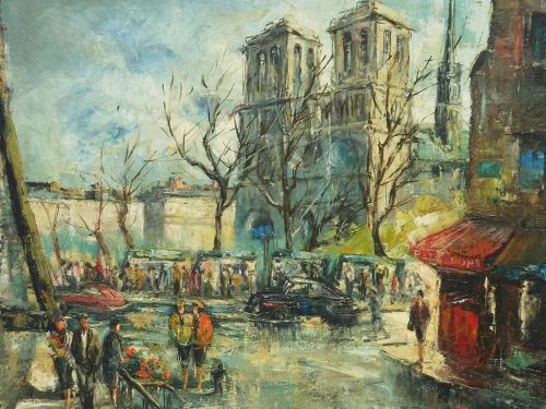 Signed impressionist  Paris painting of Notre Dame Cathedral and street scene