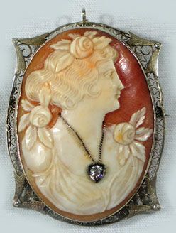 Shell Cameo Brooch With Diamond Pendant