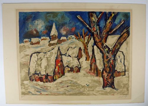 Village Winter Scene, Print, Signed