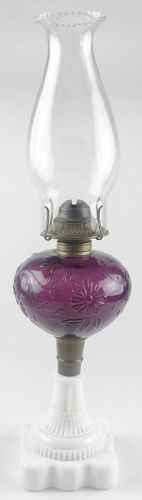 Antique Glass Oil Lamp - Plume & Atwood - Amethyst Embossed Font