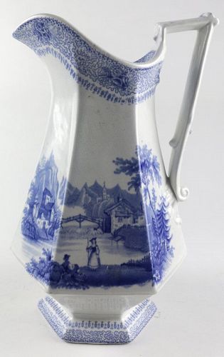 Antique Ironstone Blue Transferware Pitcher in the Lucerne Pattern