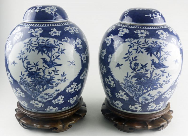 Antique Chinese Porcelain Covered Prunus Jars, Pair