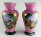 Old Paris Porcelain Vase on Pink Ground with Hand Painted Scene, Pair