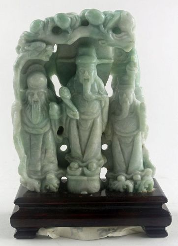1970 Chinese Apple Green Jade Carving of Lu, Fu, and Shou