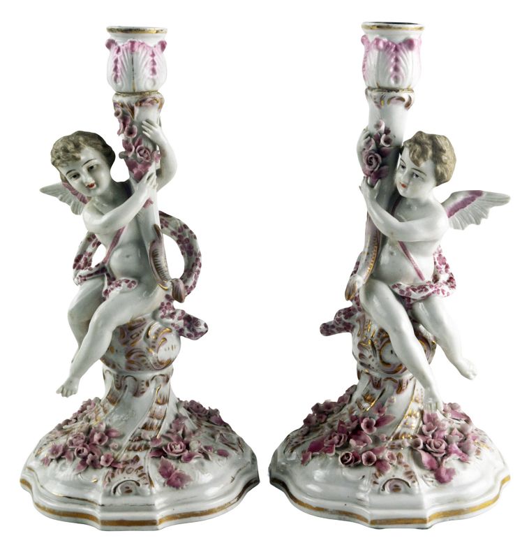 Antique Dresden Porcelain Cherub Candlesticks with Pink Flowers