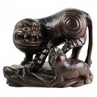 Antique Chinese Rosewood Carved Foo Lioness and Cub