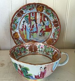 Famille Rose Mandarin Porcelain Cup & Saucer, c. 1810