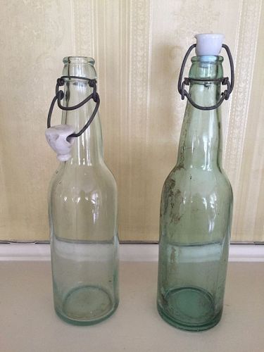Pair of Glass Beer Bottles with Porcelain Tops