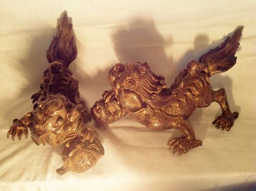 CHINESE PAIR METAL LIONS