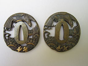 Two bronze tsuba with eagles