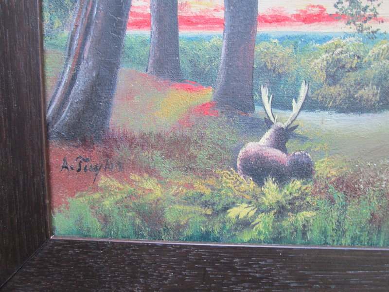 Oil on canvas “A. Taylor” of deer in Valley