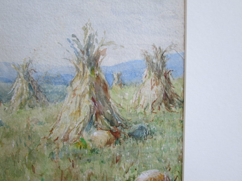 Watercolor of corn ricks and pumpkins American early 20th century