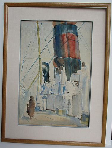 Mason Wells, watercolor of ocean liner deck early 20th century
