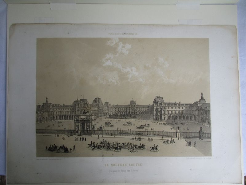 A detailed 19th century lithograph of the Louvre, Paris France
