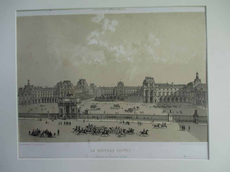 A detailed 19th century lithograph of the Louvre, Paris France