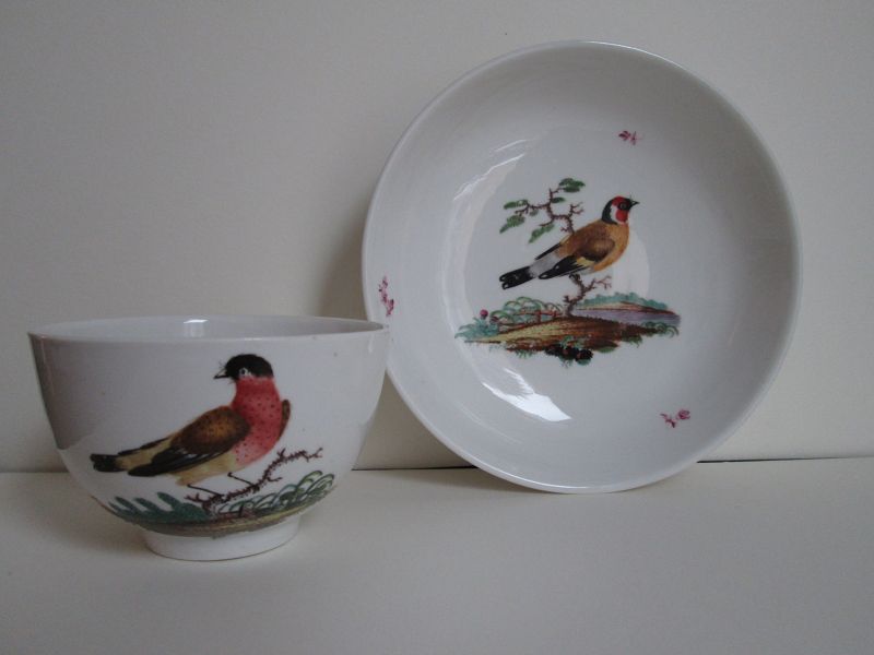 German ornithological porcelain cup and saucer c. 1780 Ansbach ?