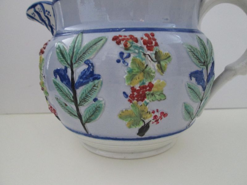 Pale blue slip Pratt Ware pitcher with sprigged decoration c. 1810