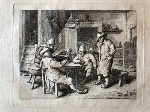 David Teniers II engraving of peasants at a table with violin 17th cen