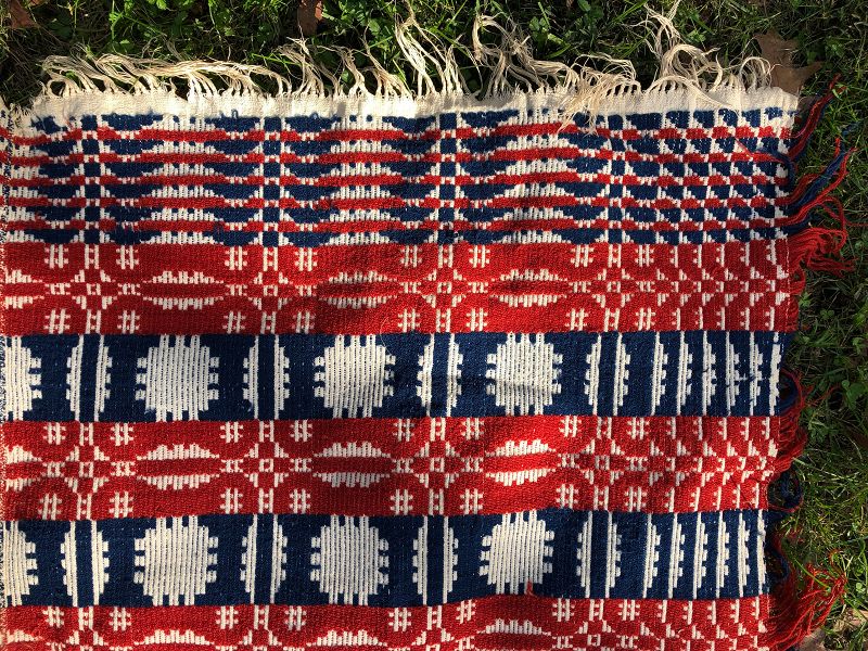 Overshot coverlet; red, white and blue; American c.1840