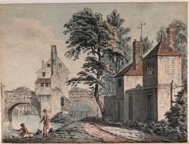 Etching and watercolor of a bridge Shrewsbury Paul Sandby c.1800