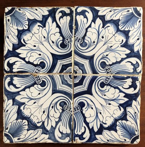 4 Delft blue and white geometric tiles together. 18th c.