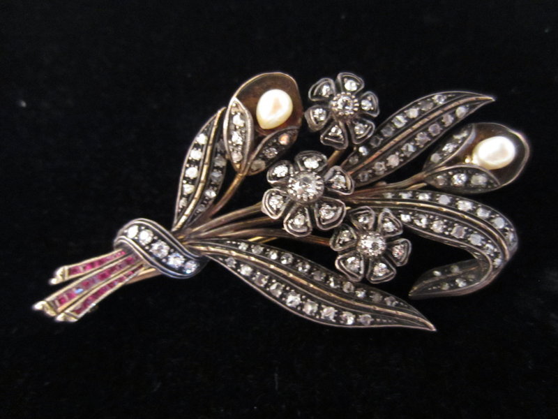 Edwardian Diamond Pin with Rubies & Pearls