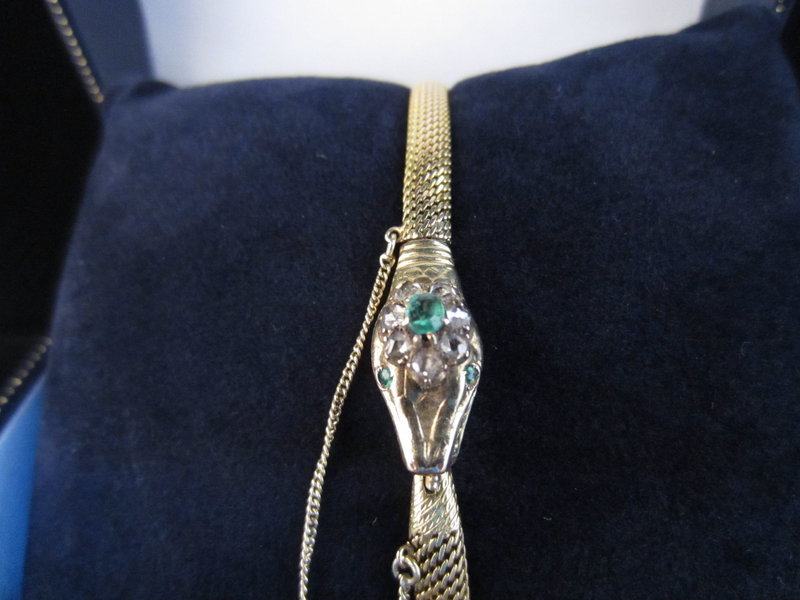 Victorian Snake Bracelet in 14k Diamond and Emerald