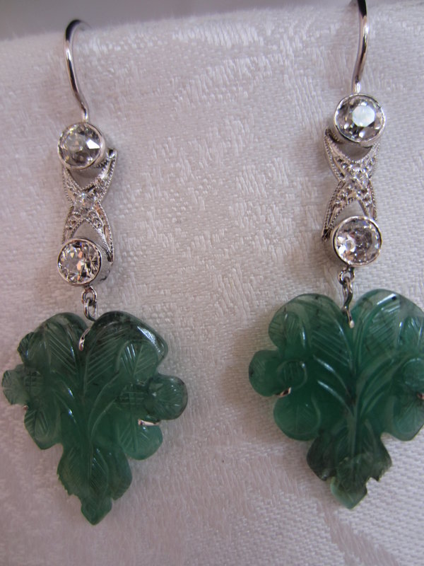 Hand Carved Emerald and Diamond Earrings