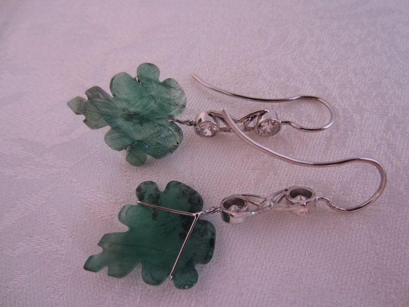 Hand Carved Emerald and Diamond Earrings