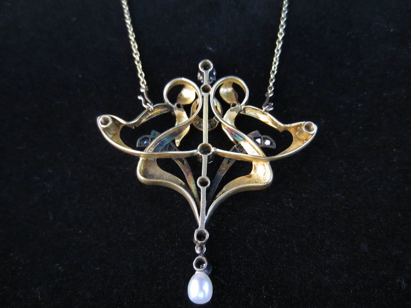 Art Nouveau Gold, Diamond, and Pearl Pendant