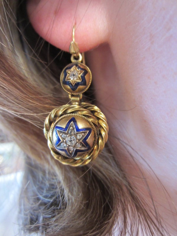 Victorian 15k Yellow Gold Diamond and Enamel Earrings