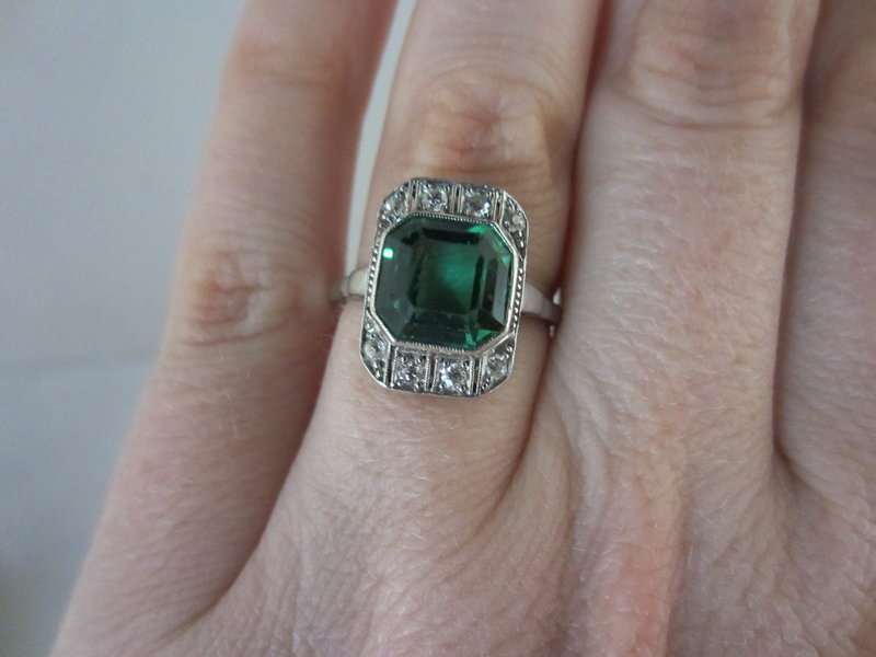 Art Deco Green Tourmaline and Diamond Ring
