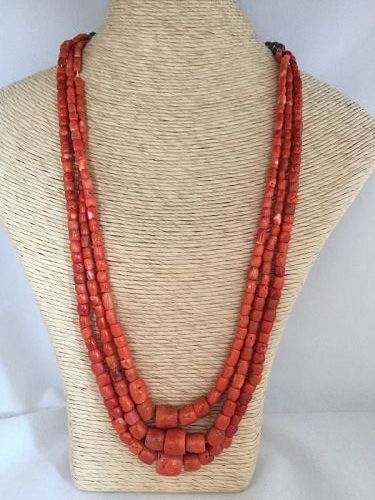 Native American Coral Triple Strand Necklace