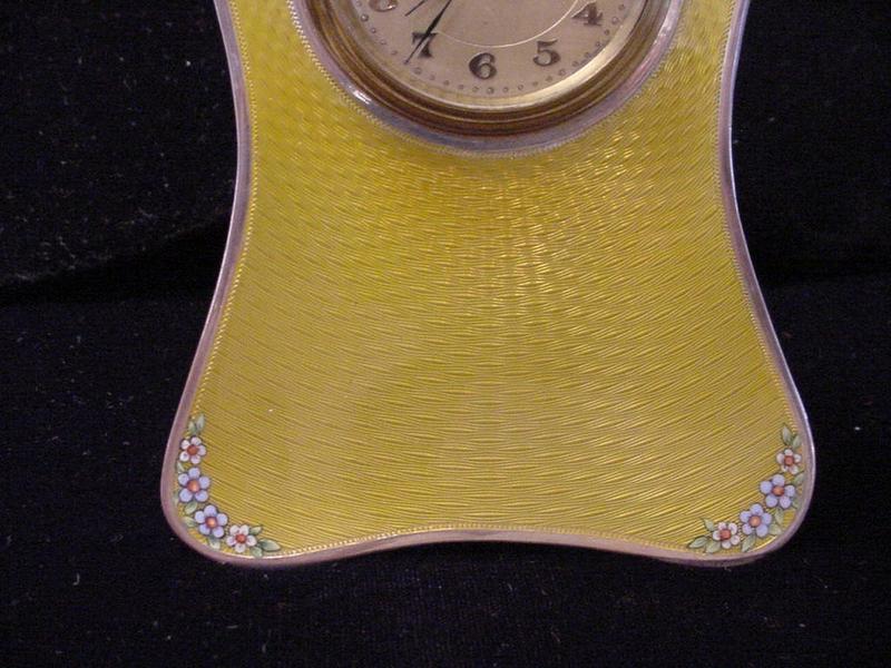 English Yellow Guilloche Enamel Sterling Clock