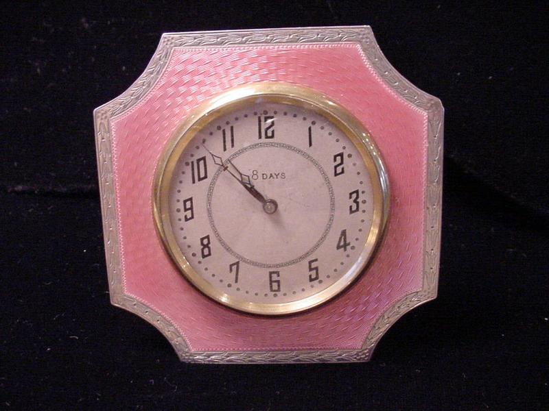 English Sterling Pink Guilloche Enamel Clock