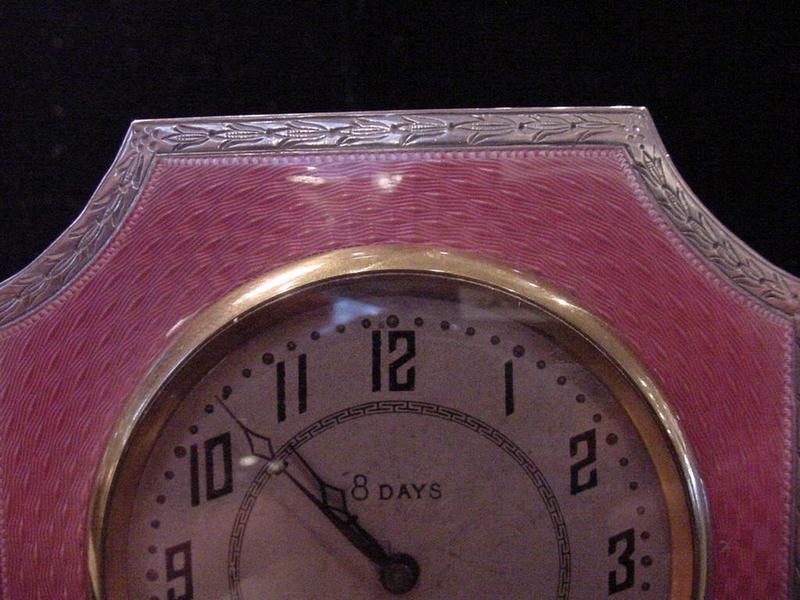 English Sterling Pink Guilloche Enamel Clock