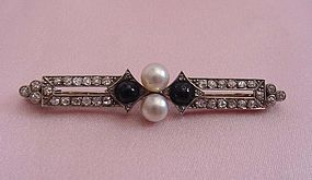 Art Deco Plat Diamond, Onyx, and Pearl Brooch