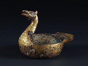 A rare small Han Dynasty gilt bronze Phoenix vessel