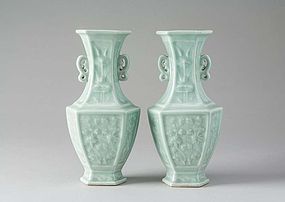 Pair of very good Qing moulded bluegreen Celadon vases