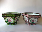 A pair of very decorative hexagonal Canton enamel jardinieres