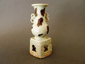 An extremely rare Yuan Altar-vase on stand with iron brown spots