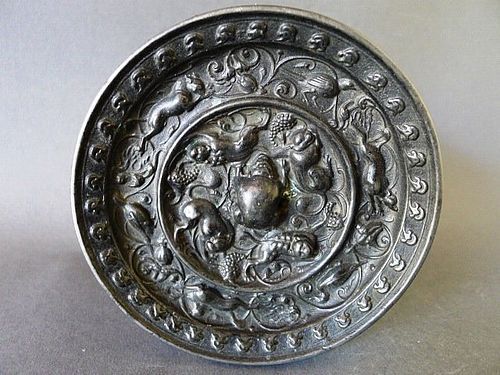 Excellent Tang Dyn. bronze mirror with lions, birds and grapes design