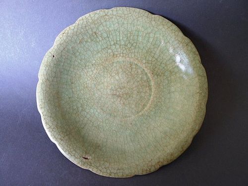 A very rare Longquan Celadon Guan-Type Dish with lobed mouth rim