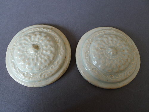 Rare Lids for a pair of moulded Qingbai glazed Yuan small Jars