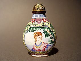 Rare Kanton enamel European-subject snuff bottle !