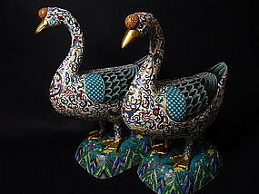 A large and impressive pair of Cloisonne Enamel Swans