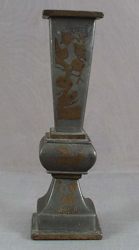 18/19c Chinese scholar pewter altar vase inlaid