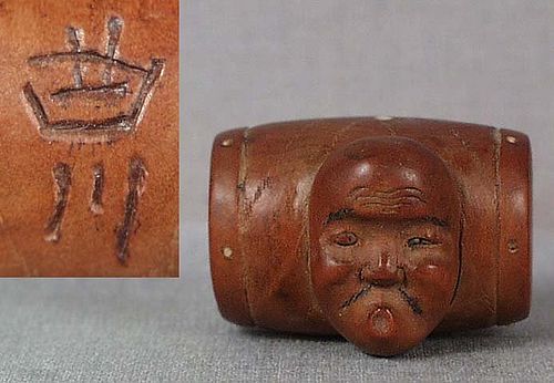 19c netsuke HYOTTOKO MASK on drum by KYOKUSEN